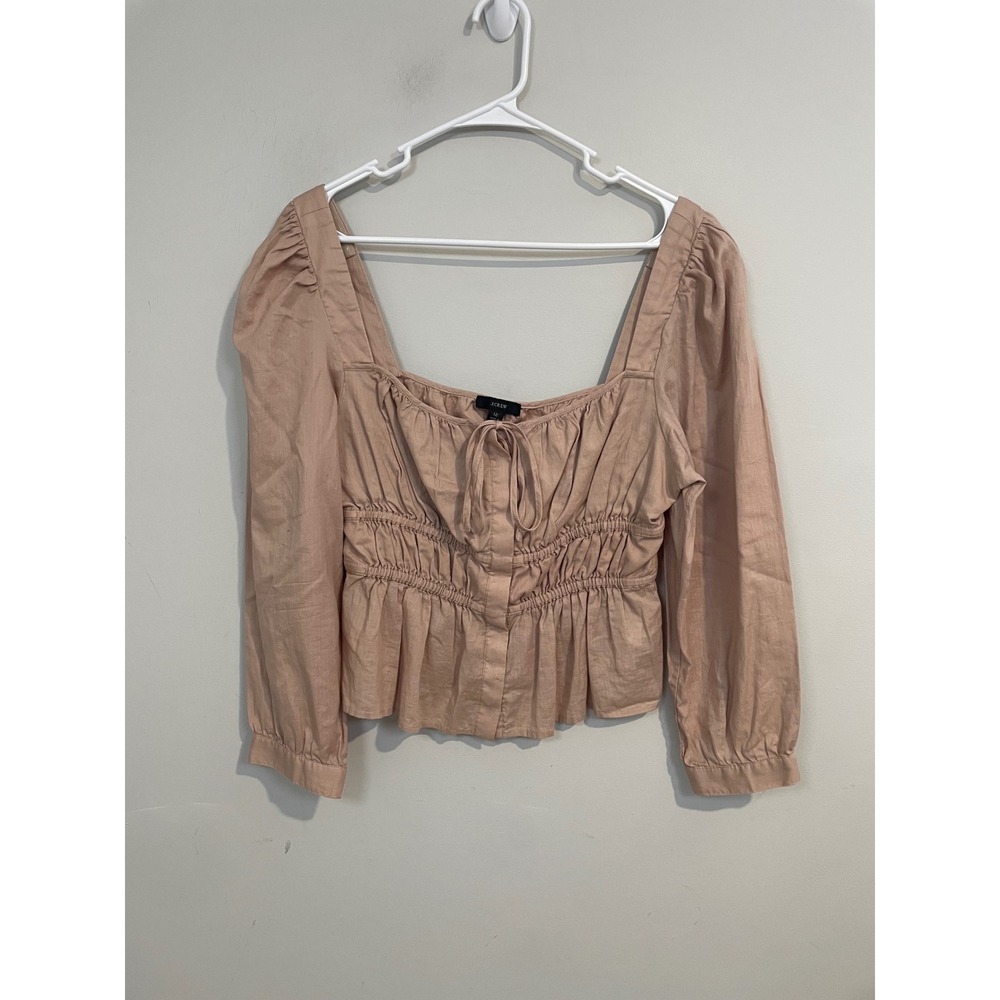 J.Crew Cinched Waist Top in Herringbone Cotton Size 12 Peasant Milkmaid Cottage